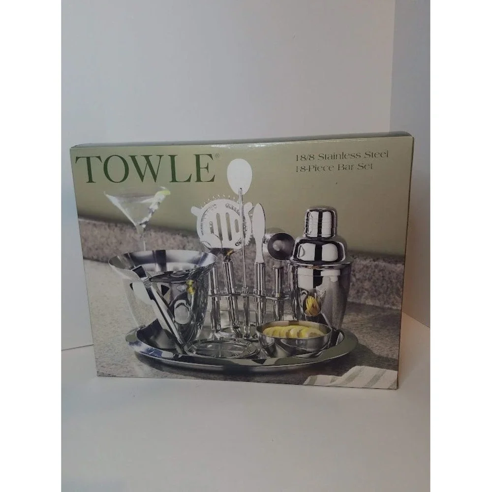 Towle 18/8 Stainless Steel 18-Piece Bar Set Shaker Ice Bucket Tray Coasters NEW‎